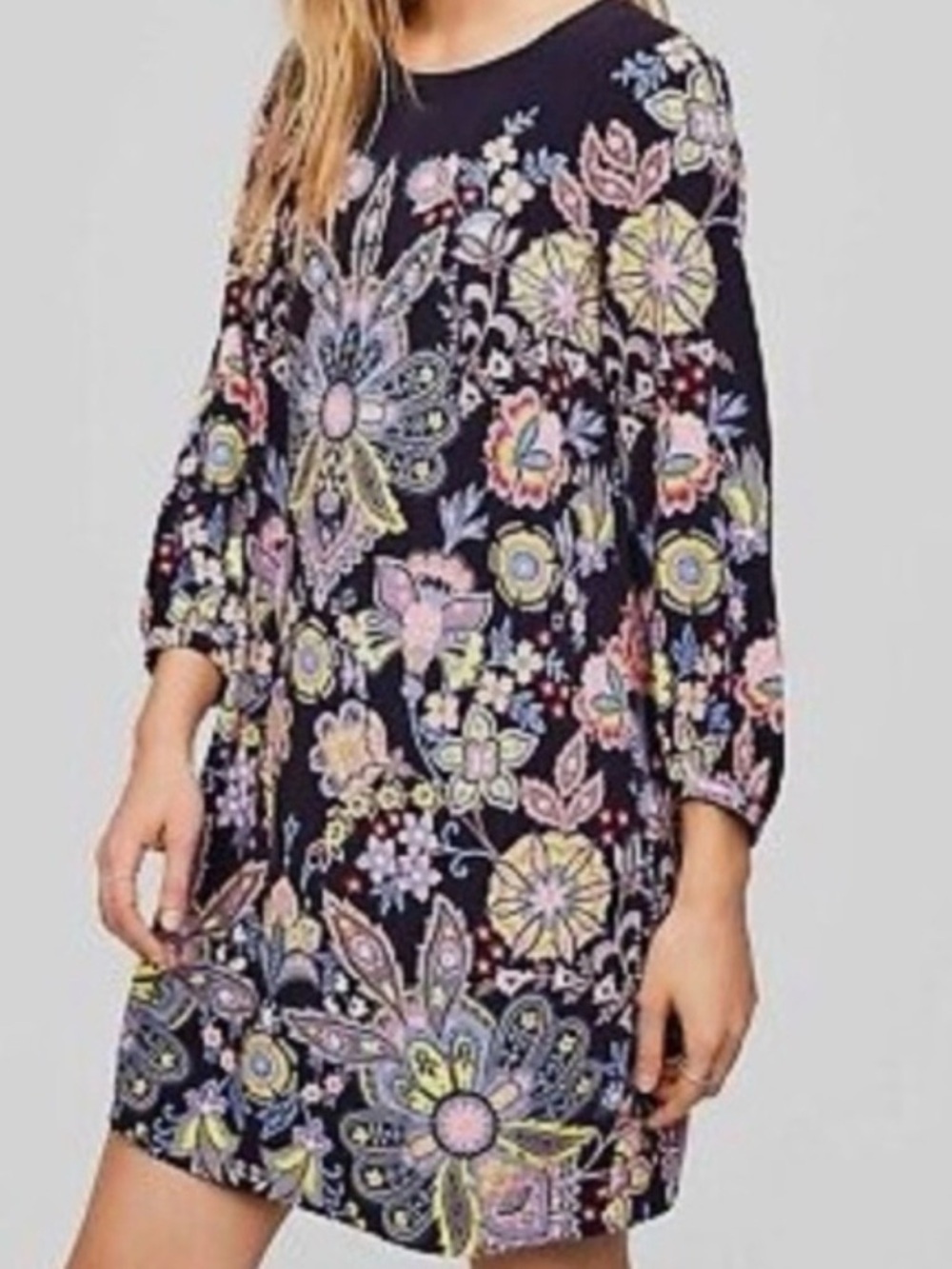 LOFT Navy Floral Paisley Long Sleeve Knee Length Dress Size M